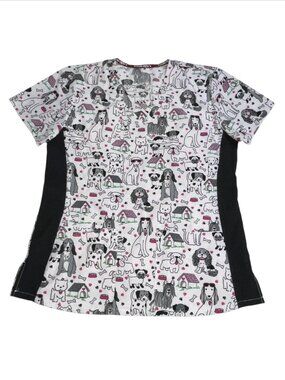 Womens Small Scrub Shirt Dog Lovers Heart Nurse Vet Tech Black White Stretch